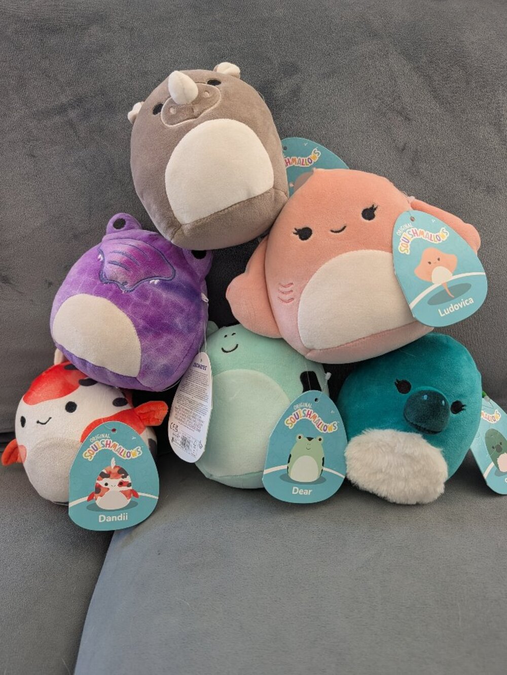 6 Mini Squishmallows, about 4" x 5" each